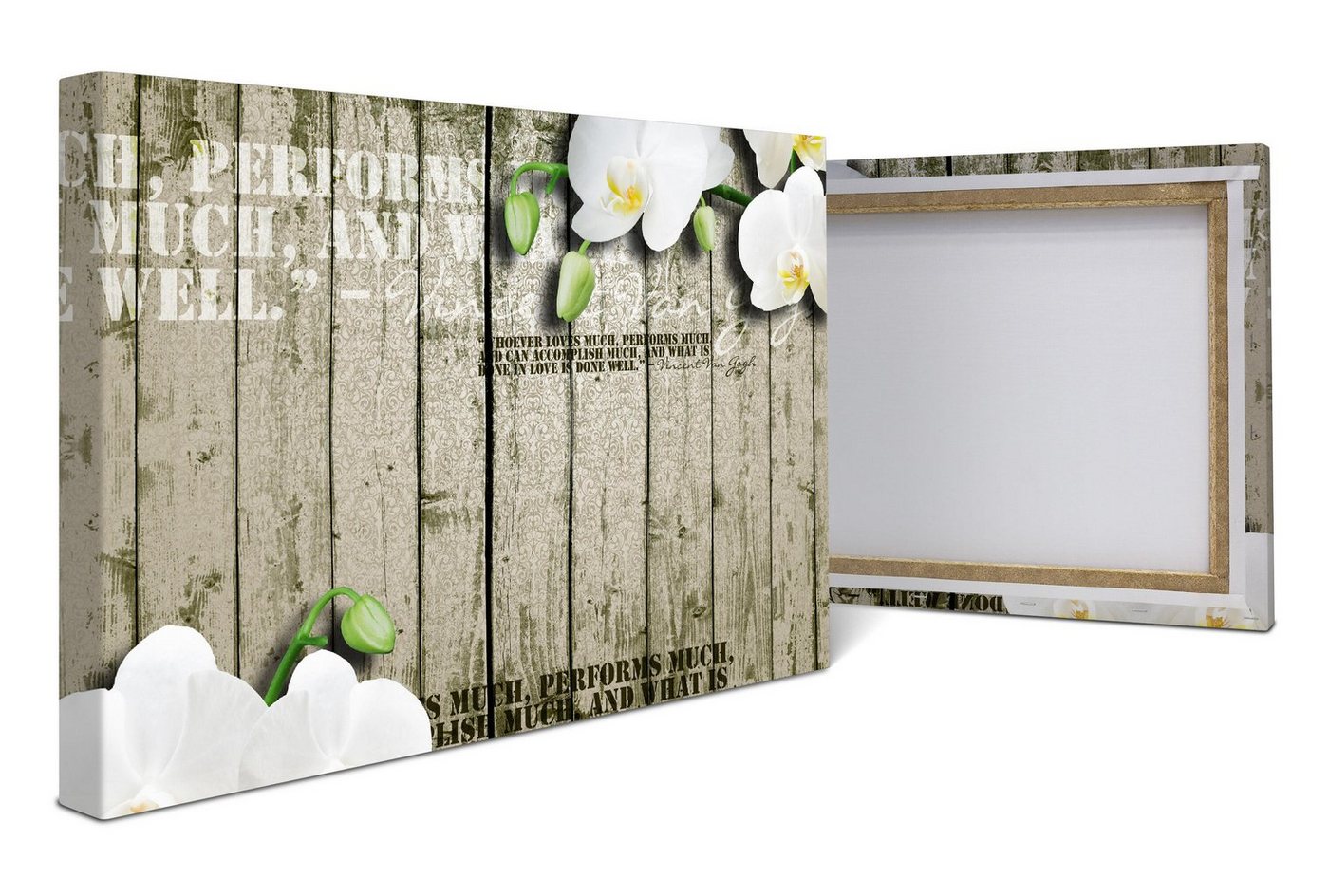 wandmotiv24 Leinwandbild Holz Zaun weiße Orchidee, Abstrakt (1 St), Wandbild, Wanddeko, Leinwandbilder in versch. Größen von wandmotiv24