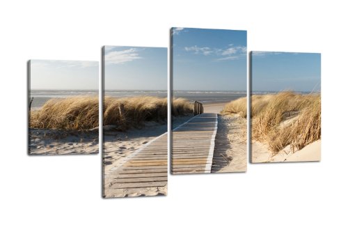 wandmotiv24 Leinwandbild Nordseestrand LW337 Wandbild, Bild auf Leinwand, 4 Teile, 180x115cm, Kunstdruck Canvas, XXL Bilder, Keilrahmenbild, fertig aufgespannt, Bild, Holzrahmen, Düne, Himmel, Sand von wandmotiv24