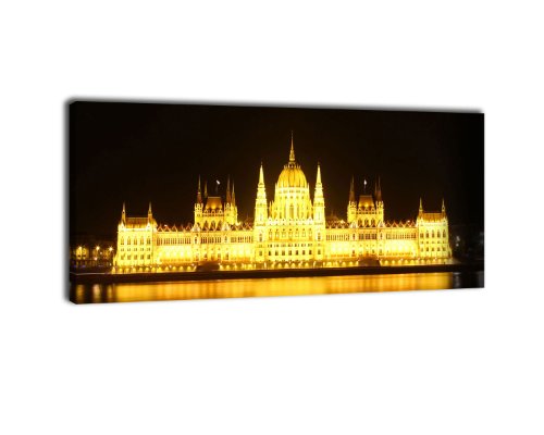 wandmotiv24 Leinwandbild Panorama Nr. 170 Budapest Parlament 100x40cm, Keilrahmenbild, Bild auf Leinwand, Ungarn Skyline Nacht von wandmotiv24