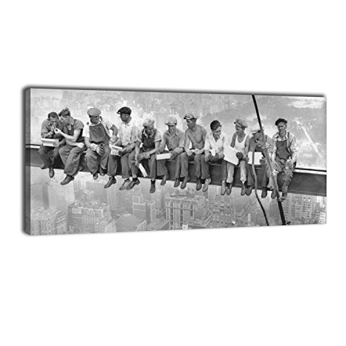 wandmotiv24 Leinwandbild Panorama Nr. 249 Skylunch 100x40cm, Bild auf Leinwand, Retro Foto Bauarbeiter von wandmotiv24