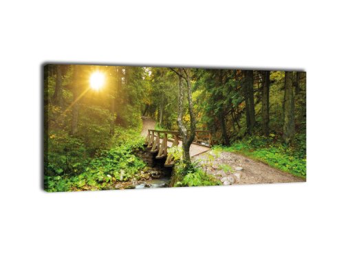 wandmotiv24 Leinwandbild Panorama Nr. 326 Waldweg mit Bach 100x40cm, Keilrahmenbild, Bild auf Leinwand, Natur Fluss Landschaft von wandmotiv24