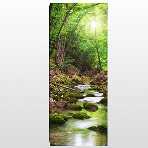 wandmotiv24 Leinwandbild Panorama Nr. 371 Flusslauf im Wald 100x40cm, Bild auf Leinwand, Bach Bäume Grün von wandmotiv24