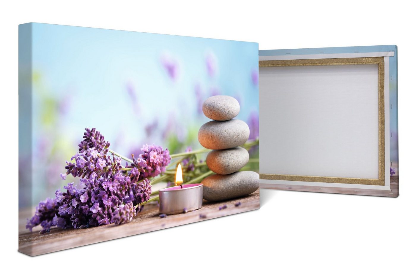 wandmotiv24 Leinwandbild Teelicht, Steine, Lavendel, Wellness, Wellness (1 St), Wandbild, Wanddeko, Leinwandbilder in versch. Größen von wandmotiv24