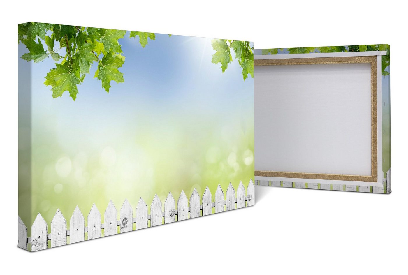 wandmotiv24 Leinwandbild Weißer Zaun mit Ahornzweigen, Landschaft (1 St), Wandbild, Wanddeko, Leinwandbilder in versch. Größen von wandmotiv24