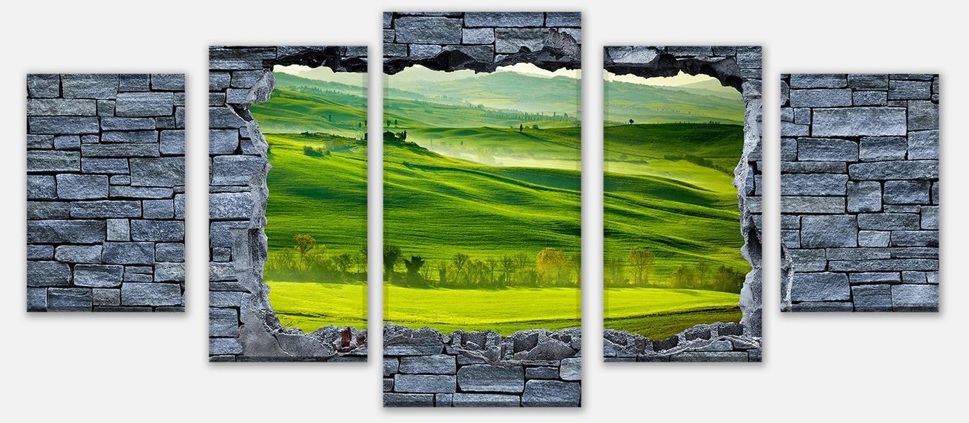 wandmotiv24 Mehrteilige Bilder 3D Grüne Toskana - grobe Steinmauer, 3D Motive (Set, 5 St), Wandbild, Wanddeko, Leinwandbilder in versch. Größen von wandmotiv24