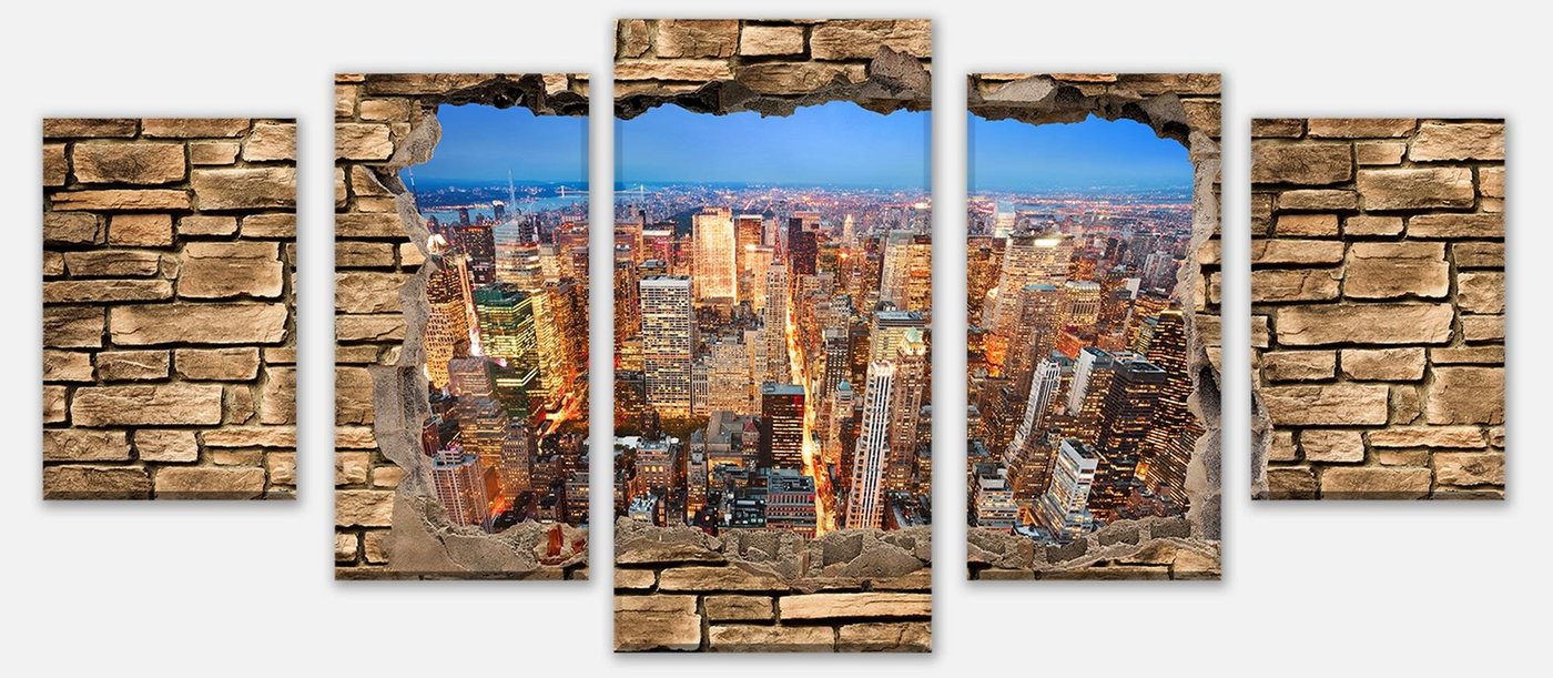 wandmotiv24 Mehrteilige Bilder 3D Manhattan bei Nacht - Steinmauer, 3D Motive (Set, 5 St), Wandbild, Wanddeko, Leinwandbilder in versch. Größen von wandmotiv24