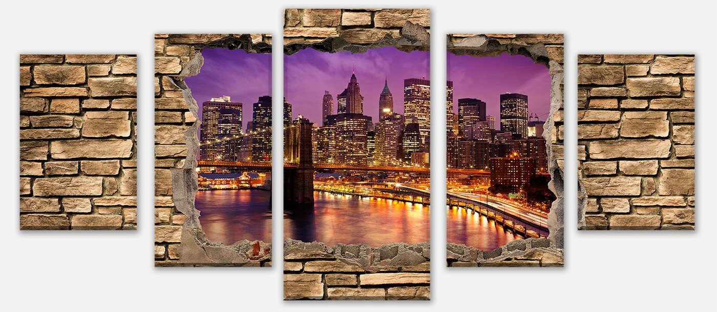 wandmotiv24 Mehrteilige Bilder 3D New York bei Nacht - Steinmauer, 3D Motive (Set, 5 St), Wandbild, Wanddeko, Leinwandbilder in versch. Größen von wandmotiv24