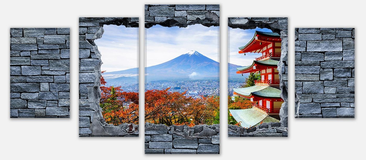 wandmotiv24 Mehrteilige Bilder 3D Optik -Mount Fuji-Chureito Pagoda, 3D Motive (Set, 5 St), Wandbild, Wanddeko, Leinwandbilder in versch. Größen von wandmotiv24