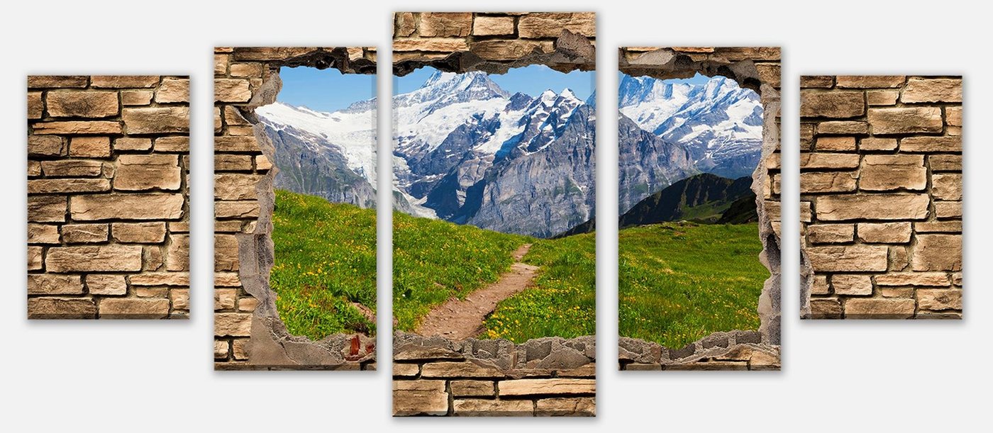 wandmotiv24 Mehrteilige Bilder 3D Sommerwiese in den Alpen - Steinmauer, 3D Motive (Set, 5 St), Wandbild, Wanddeko, Leinwandbilder in versch. Größen von wandmotiv24