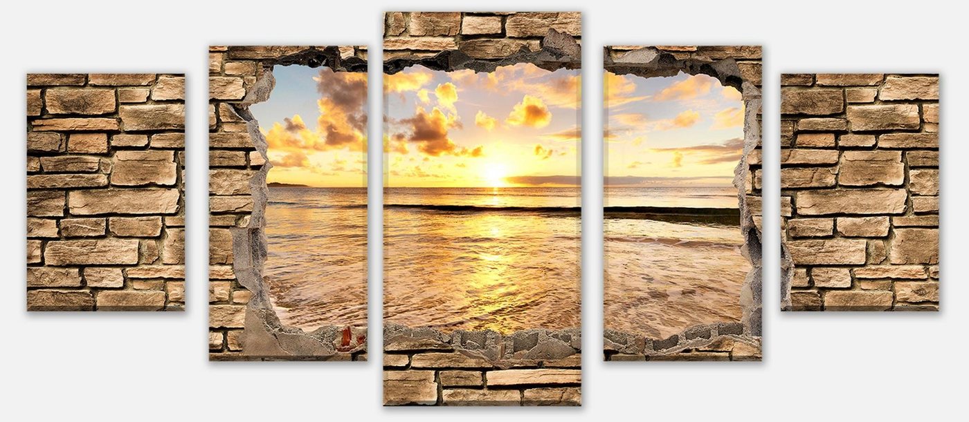 wandmotiv24 Mehrteilige Bilder 3D Sonnenuntergang am Meer - Steinmauer, 3D Motive (Set, 5 St), Wandbild, Wanddeko, Leinwandbilder in versch. Größen von wandmotiv24