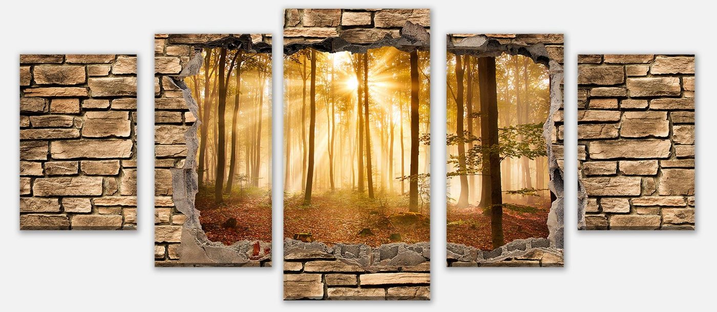 wandmotiv24 Mehrteilige Bilder 3D Wald am Morgen - Steinmauer, 3D Motive (Set, 5 St), Wandbild, Wanddeko, Leinwandbilder in versch. Größen von wandmotiv24