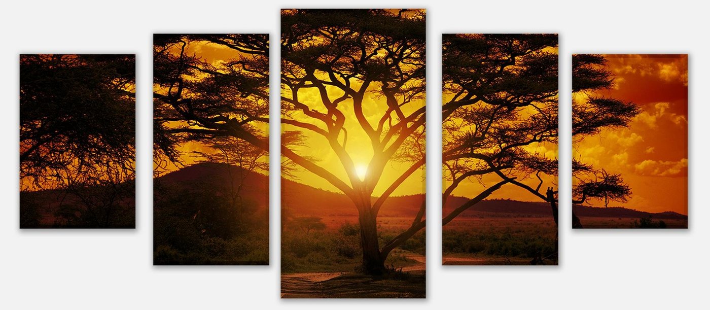 wandmotiv24 Mehrteilige Bilder Afrika Sonnenuntergang, Landschaft (Set, 5 St), Wandbild, Wanddeko, Leinwandbilder in versch. Größen von wandmotiv24