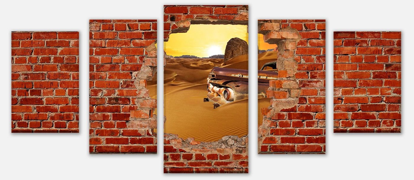 wandmotiv24 Mehrteilige Bilder Altes Auto - Roter Backstein, 3D Motive (Set, 5 St), Wandbild, Wanddeko, Leinwandbilder in versch. Größen von wandmotiv24