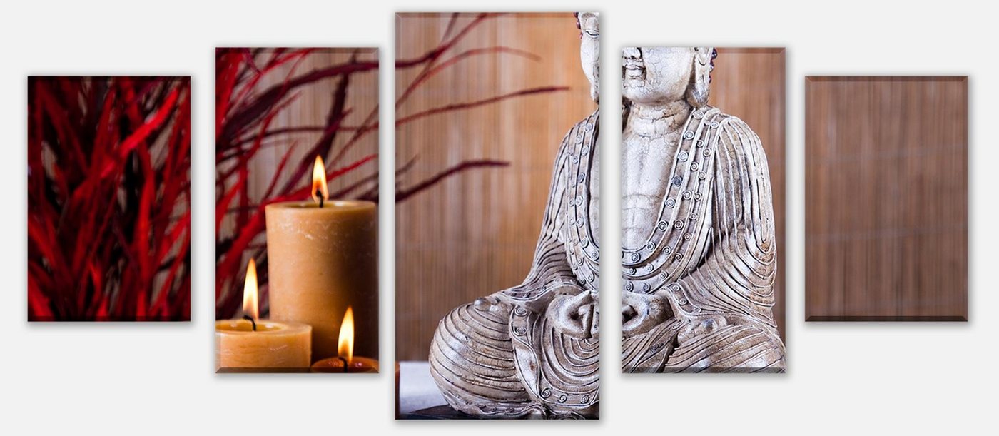 wandmotiv24 Mehrteilige Bilder Buddha-Statue und aromatische Kerzen, Wellness (Set, 5 St), Wandbild, Wanddeko, Leinwandbilder in versch. Größen von wandmotiv24