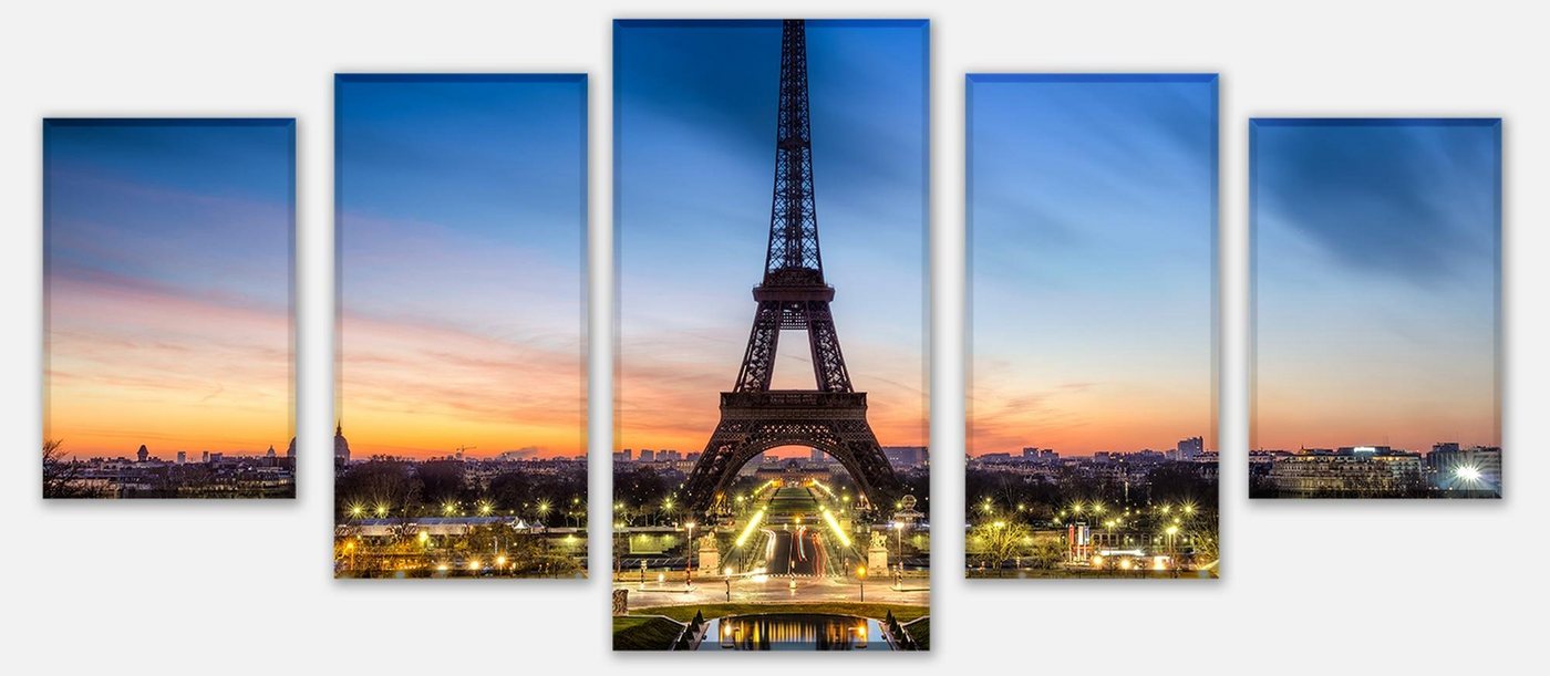 wandmotiv24 Mehrteilige Bilder Eiffelturm bei Nacht Frankreich, Städte (Set, 5 St), Wandbild, Wanddeko, Leinwandbilder in versch. Größen von wandmotiv24