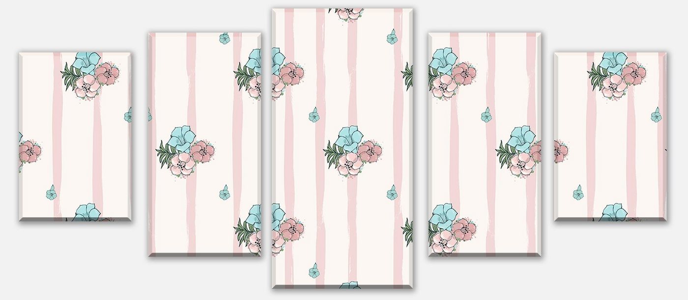 wandmotiv24 Mehrteilige Bilder Exotische rosa und blaue Blumen, Kinder Motive (Set, 5 St), Wandbild, Wanddeko, Leinwandbilder in versch. Größen von wandmotiv24