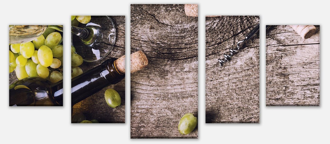 wandmotiv24 Mehrteilige Bilder Flasche Weißwein und Trauben auf einem alten Tisch, Essen & Trinken (Set, 5 St), Wandbild, Wanddeko, Leinwandbilder in versch. Größen von wandmotiv24