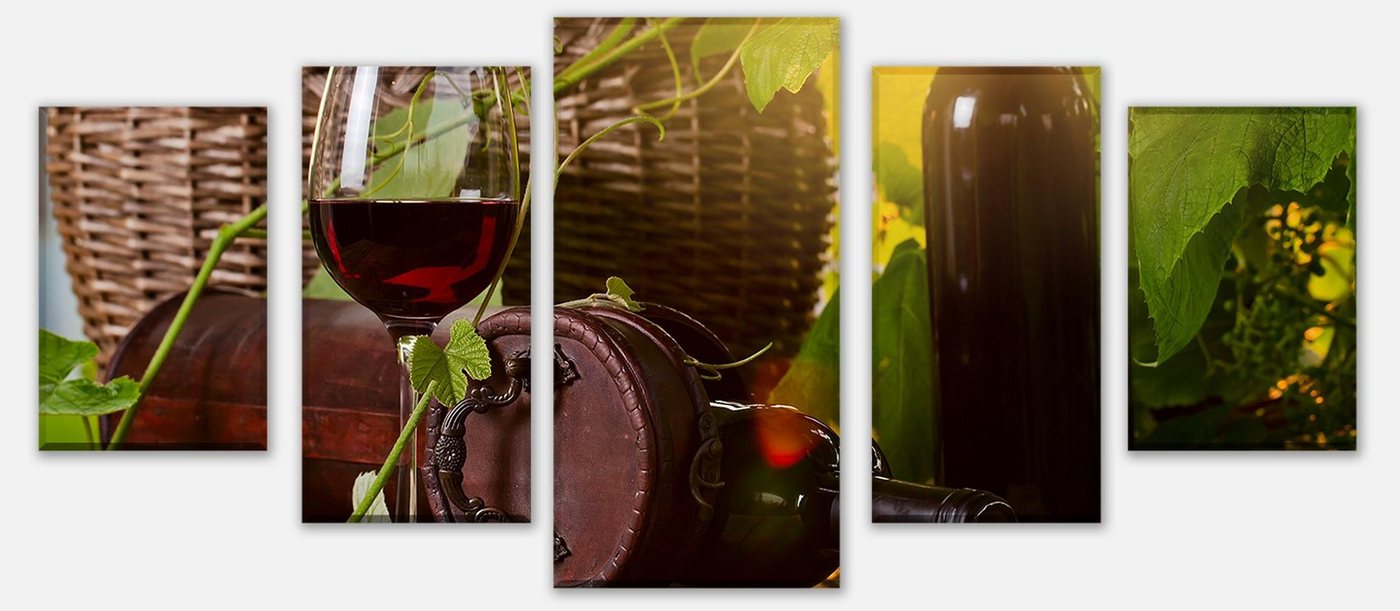 wandmotiv24 Mehrteilige Bilder Flasche und Glas mit Rotwein, Essen & Trinken (Set, 5 St), Wandbild, Wanddeko, Leinwandbilder in versch. Größen von wandmotiv24
