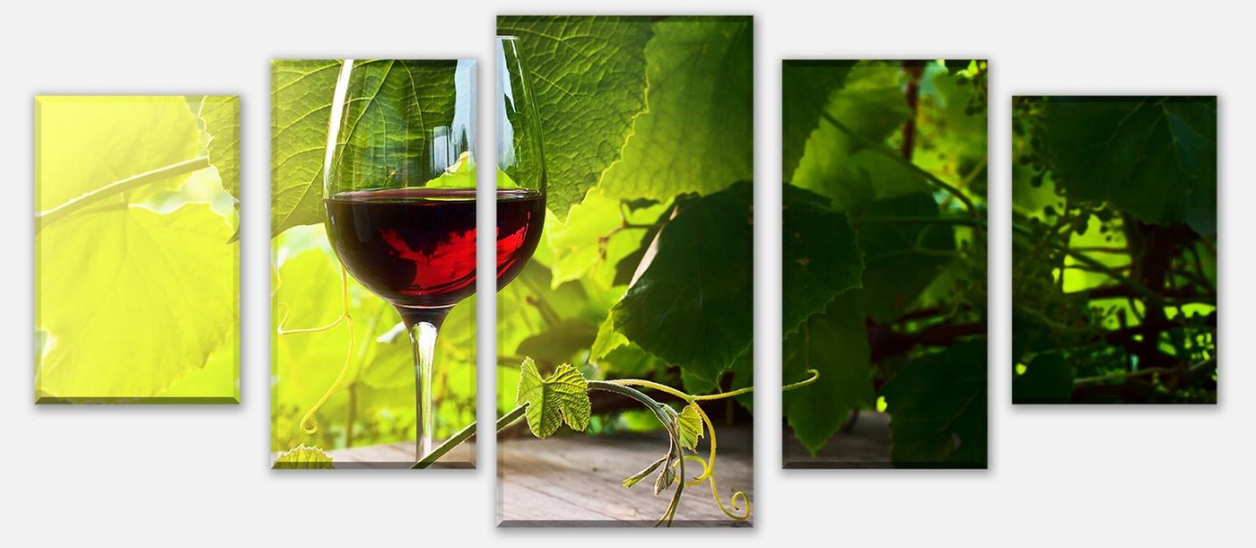 wandmotiv24 Mehrteilige Bilder Glas mit Rotwein im Weinberg, Essen & Trinken (Set, 5 St), Wandbild, Wanddeko, Leinwandbilder in versch. Größen von wandmotiv24