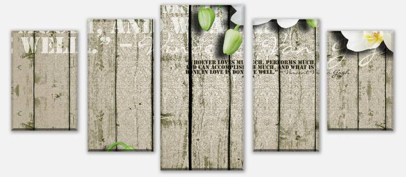 wandmotiv24 Mehrteilige Bilder Holz Zaun weiße Orchidee, Abstrakt (Set, 5 St), Wandbild, Wanddeko, Leinwandbilder in versch. Größen von wandmotiv24