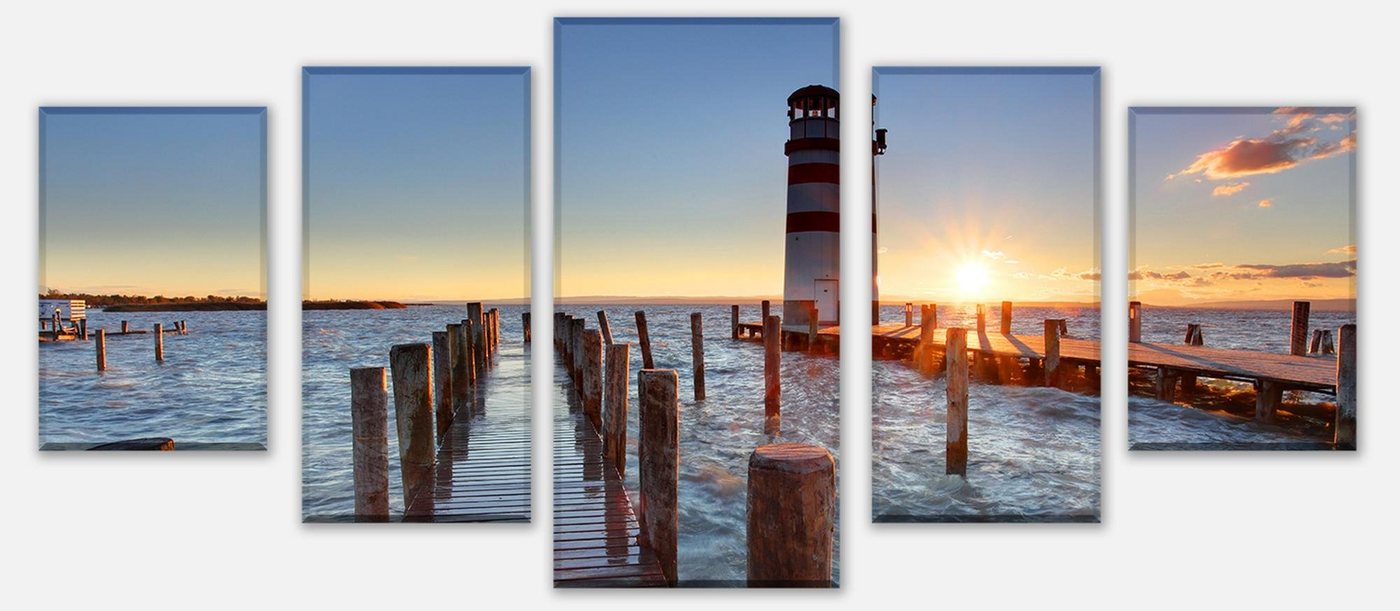 wandmotiv24 Mehrteilige Bilder Leuchtturm mit Pier, Landschaft (Set, 5 St), Wandbild, Wanddeko, Leinwandbilder in versch. Größen von wandmotiv24