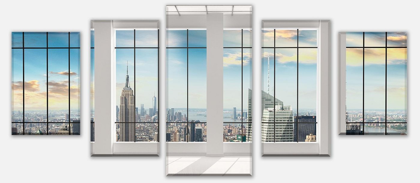 wandmotiv24 Mehrteilige Bilder Manhattan Blick von einem leeren Büro, Ausblicke (Set, 5 St), Wandbild, Wanddeko, Leinwandbilder in versch. Größen von wandmotiv24