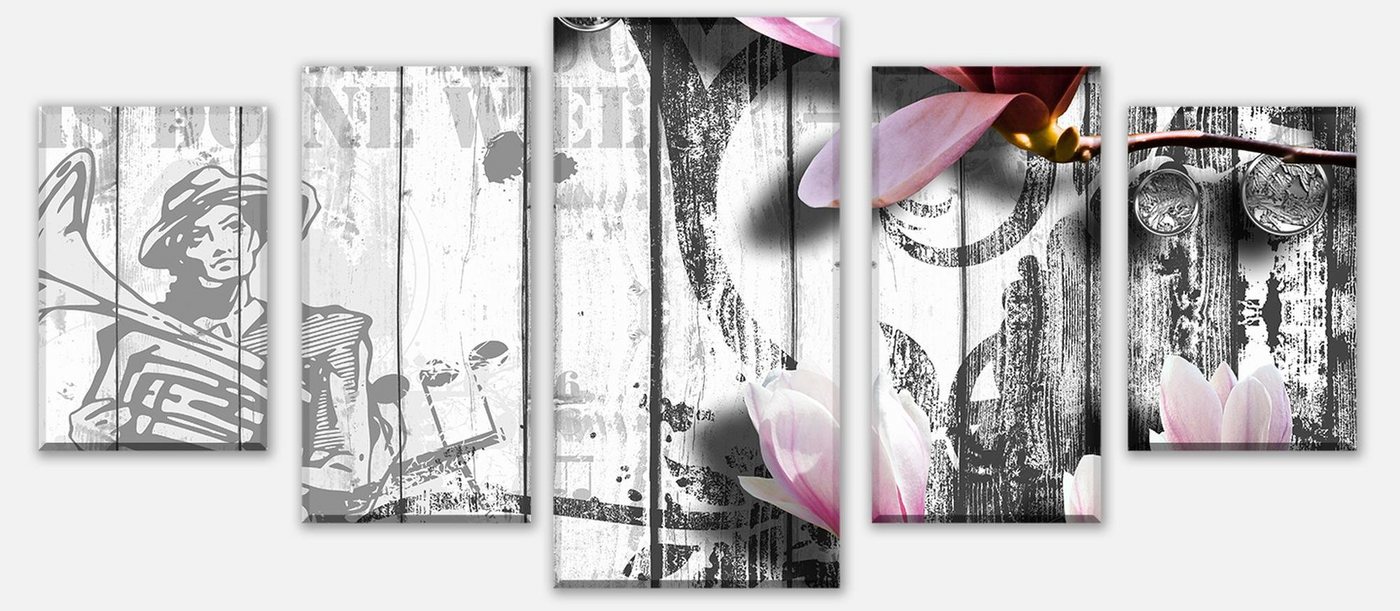 wandmotiv24 Mehrteilige Bilder Musik Style Blüten Rosa, Abstrakt (Set, 5 St), Wandbild, Wanddeko, Leinwandbilder in versch. Größen von wandmotiv24