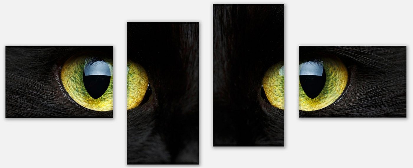 wandmotiv24 Mehrteilige Bilder Nahaufnahme der schwarzen Katze, Tiere (Set, 4 St), Wandbild, Wanddeko, Leinwandbilder in versch. Größen von wandmotiv24