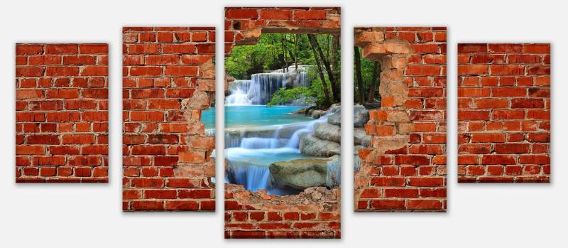 wandmotiv24 Mehrteilige Bilder Wasserfall im Wald - Roter Backstein, 3D Motive (Set, 5 St), Wandbild, Wanddeko, Leinwandbilder in versch. Größen von wandmotiv24