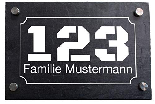 wandmotiv24 Personalisierte Hausnummer Hausnummernschild aus Naturstein Schiefer, auf Schiefertafel, mit individueller Beschriftung Familiennamen, Hausnummer in Rahmen M0055 von wandmotiv24