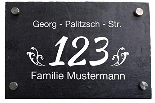 wandmotiv24 Personalisierte Hausnummer Hausnummernschild aus Naturstein Schiefer, auf Schiefertafel, mit individueller Beschriftung Hausnummer, Familienname, Straße M0050 von wandmotiv24
