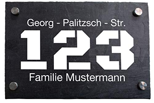 wandmotiv24 Personalisierte Hausnummer Hausnummernschild aus Naturstein Schiefer, auf Schiefertafel, mit individueller Beschriftung Hausnummer, Straße, Familiennamen M0047 von wandmotiv24