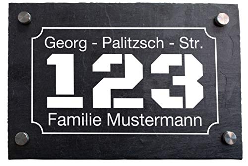 wandmotiv24 Personalisierte Hausnummer Hausnummernschild aus Naturstein Schiefer, auf Schiefertafel, mit individueller Beschriftung Hausnummer, Straße, Familiennamen in Rahmen M0053 von wandmotiv24