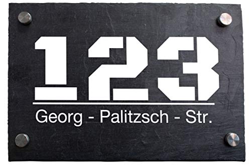 wandmotiv24 Personalisierte Hausnummer Hausnummernschild aus Naturstein Schiefer, auf Schiefertafel, mit individueller Beschriftung Hausnummer, Straße M0048 von wandmotiv24