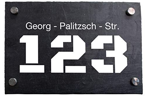 wandmotiv24 Personalisierte Hausnummer Hausnummernschild aus Naturstein Schiefer, auf Schiefertafel mit individueller Beschriftung Straße, Hausnummer M0045 von wandmotiv24