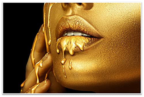 wandmotiv24 Poster als Wanddeko, Größe 60x40cm, Gold Collection, Frau in Gold, Lippen, goldene Farbe, Moderne Wanddeko, Wandbilder, Deko, Bild M0075 von wandmotiv24