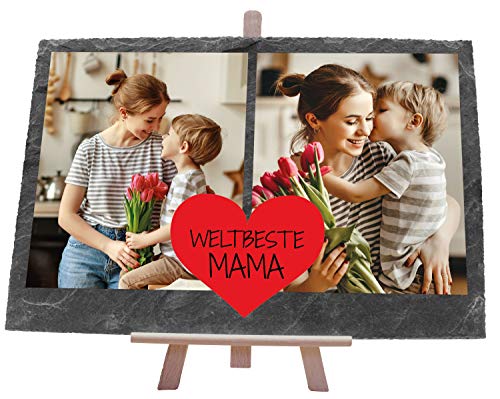 wandmotiv24 Schiefertafel Beste Mama, Personalisiert mit Ihren Farbfotos, Aufstellschild 2 Bilder inkl. Spruch & Herz, Holz-Staffelei, Querformat 30x20cm, Natur Schieferplatte, Foto-Geschenk, Deko von wandmotiv24