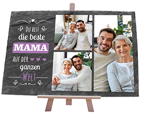 wandmotiv24 Schiefertafel Beste Mama, Personalisiert mit Ihren Farbfotos, Aufstellschild 3 Bilder & Spruch, Holz-Staffelei, Querformat 30x20cm, Natur Schieferplatte, Foto-Geschenk Muttertag, Deko von wandmotiv24