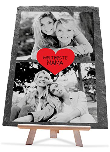 wandmotiv24 Schiefertafel Beste Mama, Personalisiert mit Ihren Fotos, Aufstellschild 2 Schwarz-Weiß-Bilder inkl. Spruch & Herz, Holz-Staffelei, Hochformat 20x30cm, Natur Schieferplatte, Foto-Geschenk von wandmotiv24