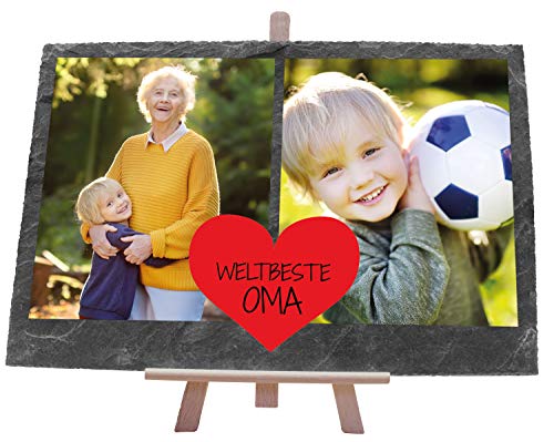 wandmotiv24 Schiefertafel Beste Oma, Mit Ihrem Foto Bedrucken Lassen, 2 Farb-Fotos, Rotes Herz und Spruch, Holz-Staffelei zum Aufstellen, Querformat 30x20cm, Natur Schieferplatte, Fotogeschenk von wandmotiv24