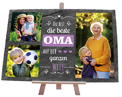 wandmotiv24 Schiefertafel Beste Oma, Mit Ihrem Foto Bedrucken Lassen, 3 Farbfotos mit Spruch, Holz-Staffelei zum Aufstellen, Querformat 30x20cm, Vintage Natur Schieferplatte, Fotogeschenk von wandmotiv24