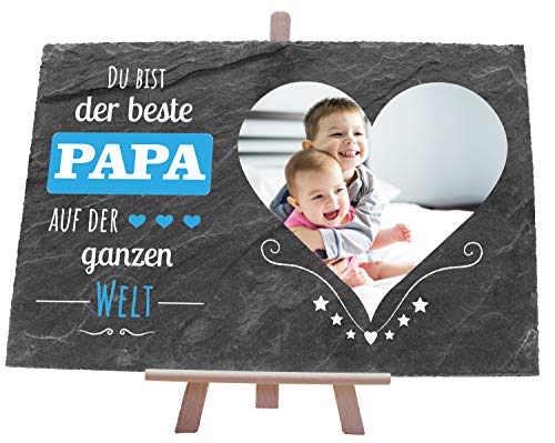 wandmotiv24 Schiefertafel Bester Papa, Personalisiert mit Ihrem Farbfoto Herzform, Aufstellschild, Holz-Staffelei, Querformat 30x20cm, Natur Schieferplatte, Foto-Geschenk Vatertag, Geburtstag, Deko von wandmotiv24