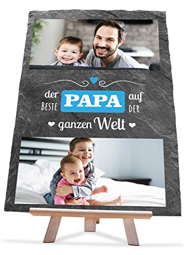 wandmotiv24 Schiefertafel Bester Papa, Personalisiert mit Ihren Farbfotos, Aufstellschild 2 Bilder & Spruch, Holz-Staffelei, Hochformat 20x30cm, Natur Schieferplatte, Foto-Geschenk Vatertag, Deko von wandmotiv24