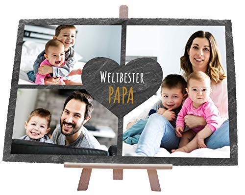 wandmotiv24 Schiefertafel Bester Papa, 30x20cm, Personalisiert mit Ihren Farbfotos, Aufsteller, 3 Bilder inkl. Spruch & Herz, Holz-Staffelei, Natur Schieferplatte, Foto-Geschenk, Deko M0318 von wandmotiv24