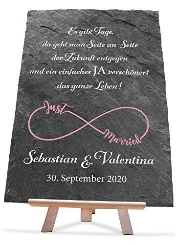 wandmotiv24 Schiefertafel Hochzeit Just Married, 20x30cm, Personalisierte Namen + Datum, auf Staffelei, Infinity + Hochzeitsspruch, Natur-Schieferplatte, Hochzeitsgeschenk für Brautpaare M0130 von wandmotiv24