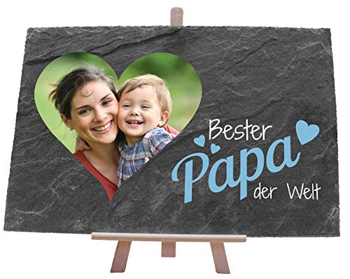 wandmotiv24 Schiefertafel Vatertag mit Holz-Staffelei, Personalisiert mit Herz-Foto + Spruch Bester Papa in Blau, Digitaldruck, Querformat 30x20cm Schieferplatte, Geschenkidee, Fotogeschenk von wandmotiv24