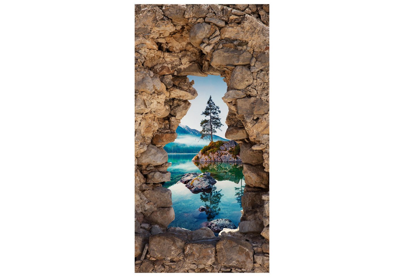 wandmotiv24 Türtapete 3D Naturstein, See, Berge, Baum, Felsen, glatt, Fototapete, Wandtapete, Motivtapete, matt, selbstklebende Vliestapete von wandmotiv24