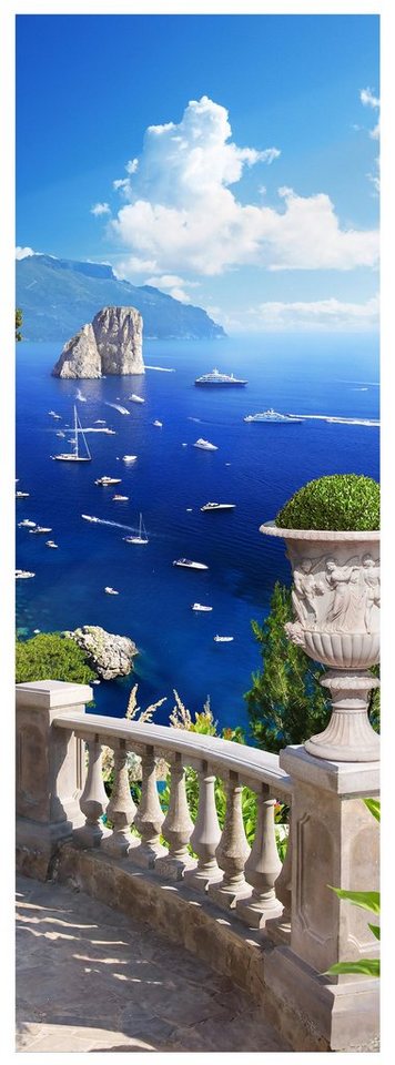 wandmotiv24 Türtapete Blick aufs Meer, Balkon, Schiffe, Küste, glatt, Fototapete, Wandtapete, Motivtapete, matt, selbstklebende Dekorfolie von wandmotiv24