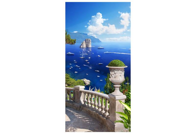 wandmotiv24 Türtapete Blick aufs Meer, Balkon, Schiffe, Küste, glatt, Fototapete, Wandtapete, Motivtapete, matt, selbstklebende Dekorfolie von wandmotiv24