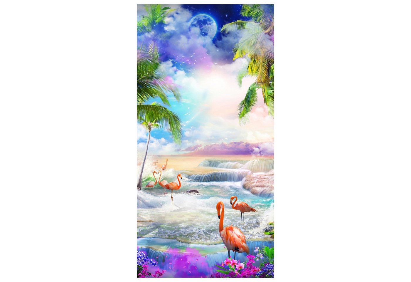 wandmotiv24 Türtapete Flamingos am Meer, Lila Wolken, Mond, strukturiert, Fototapete, Wandtapete, Motivtapete, matt, selbstklebende Vinyltapete von wandmotiv24